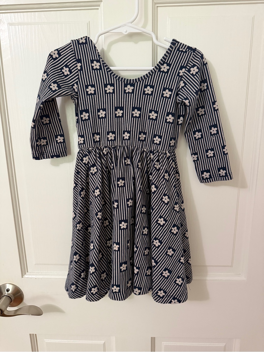 Navy Floral Stripe Long-Sleeve Girls Dress